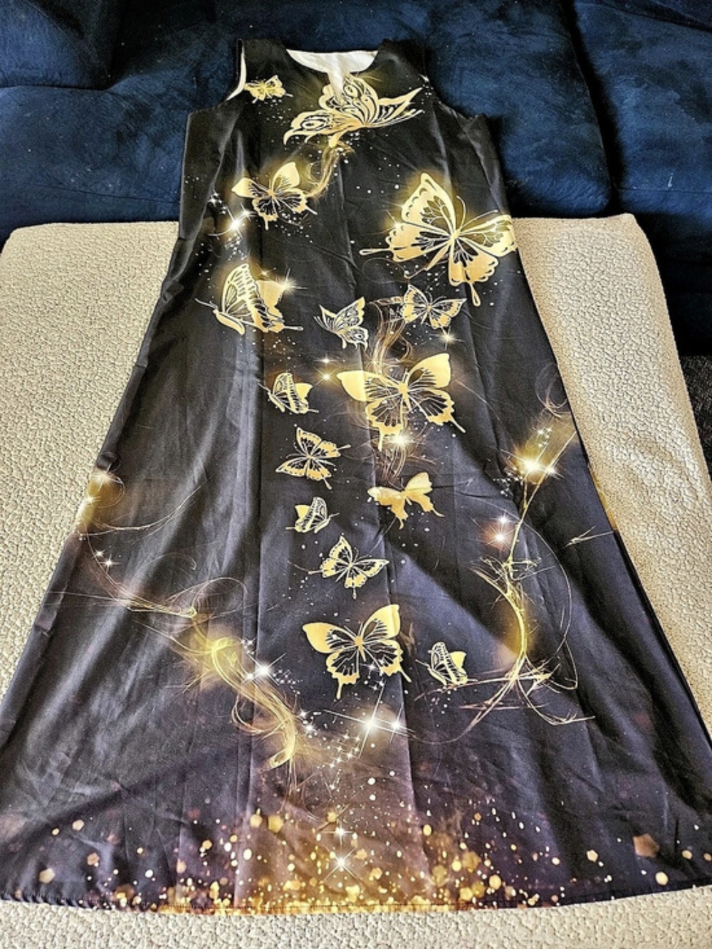 Butterfly Print Maxi Dress in Black & Gold Like New